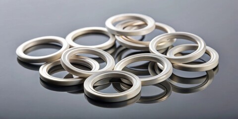 Teflon ring seals on gray background with reflection , engineering, industrial, technology, mechanical, equipment