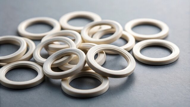 Close-up of Teflon ring seals on gray background, Teflon, ring seals, gray, background, industrial, equipment