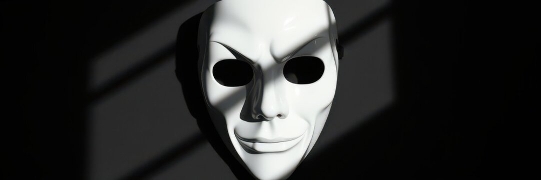 White mask with blank expression casting eerie shadows on a dark background, concept, background
