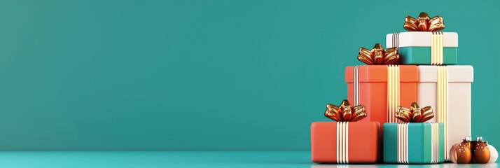 Stack of colorful presents with bows on teal background.