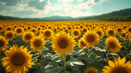 Fototapeta premium A vast sunflower field glowing under the golden hour sunlight with a serene mountain backdrop.