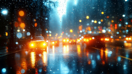 Fototapeta premium Rainy Night in the City with Glowing Traffic Lights and Reflections on the Wet Streets