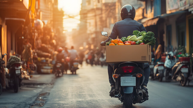 Motorbike with 'Quick Commerce' Delivery Box in Indian Urban Street &ndash; Fresh Grocery Delivery Concept