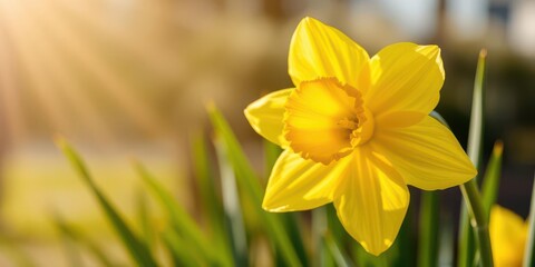 Vibrant daffodil yellow flower blooming in full sunlight, outdoors, garden