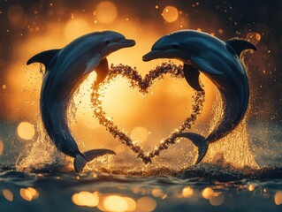Two dolphins create a heart shape in the ocean at sunset, symbolizing love and joy.
