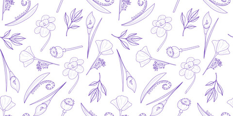 Seamless botanical vector pattern featuring delicate floral and leaf outlines in purple on a white background. Perfect for fabric, wallpaper, and packaging designs with an elegant touch.