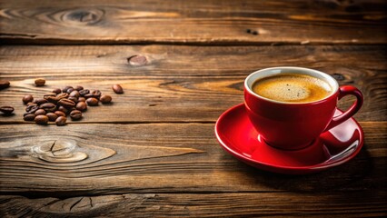 Obraz premium Delicious red coffee in a cup placed on a rustic wooden table, red coffee, cup, delicious, wooden table, rustic, beverage