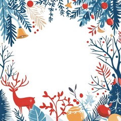 Fototapeta premium Christmas frame, white background with forest elements, flat design illustration
