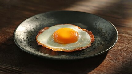 Close Up of a Glistening Golden Fried Egg on a Rustic Wooden Plate