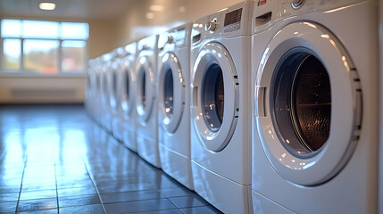 A perspective view of a row of modern washing machines with a clean and reflective floor in a bright laundry room
