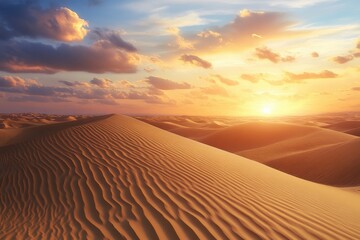  Serene sunset rolling sand dunes in a vast desert landscape.