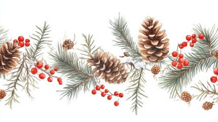 Decorative forest-inspired border art with Christmas elements, including pine cones and red berries, white background