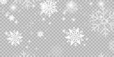 Illustration of tiny flying snow flakes. Menacing dust freezes shapes. Snowfall sky white transparent wallpaper. Flat snowflakes january vector.