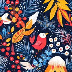 Naklejka premium Festive nature-inspired design, vibrant winter palette, flat design illustration