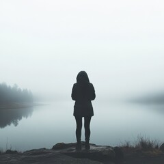 person stands alone and sad at a lake