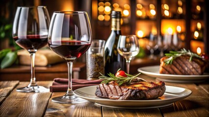 Fototapeta premium Wine glasses and steak on elegant dining table setting, wine, glasses, steak, dining table, elegant, food, meal