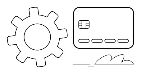 Gear wheel next to a credit card with chip, minimalist lines and shapes. Ideal for financial services, technology, automation, fintech, online payments, banking ecommerce. Line metaphor