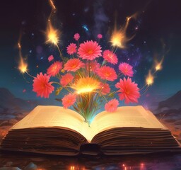 Illustration of fantasy spell book with multicolor flowers.