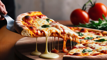 A delicious-looking pizza with melted cheese being lifted off a wooden board, with fresh tomatoes...