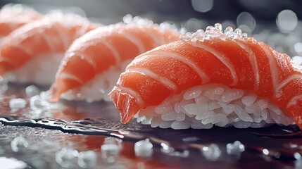 Dramatic Close Up of Exquisite Sushi Nigiri on Elegant Plate