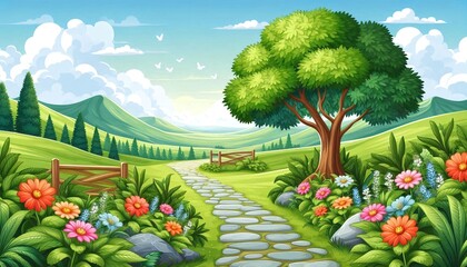 A serene path through a lush green landscape with flowers