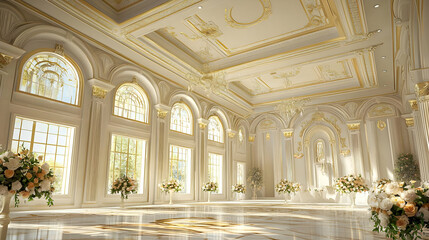 Fototapeta premium High-ceiling wedding venue with elegant decor, adding grandeur to the setting.