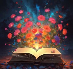 Illustration of fantasy spell book with multicolor flowers.