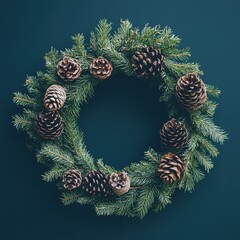Naklejka premium Winter holiday wreath, pine cones and fir branches, minimalist design, seasonal aesthetic.