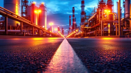 Fototapeta premium Industrial facility at dusk with illuminated pipelines and smokestacks.