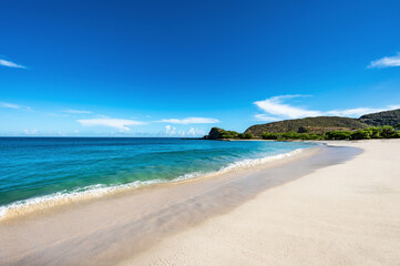 beautiful beach with a blue ocean and a mountain in the background