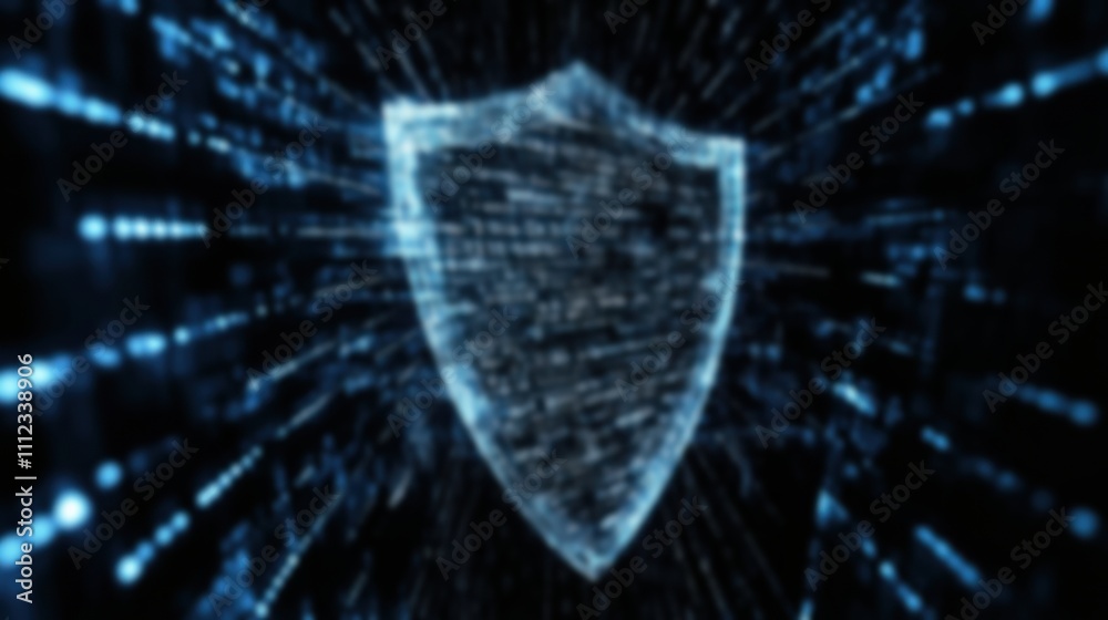 Poster digital shield representing cybersecurity and data protection concepts.