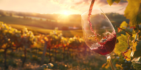 glass of wine against the backdrop of vineyards Generative AI