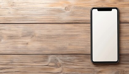 A smartphone rests on a wooden table, showcasing a blank screen against a rustic background.