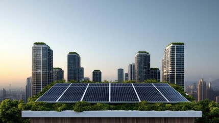 Modern rooftop with solar panels surrounded by urban skyscrapers under clear blue sky.