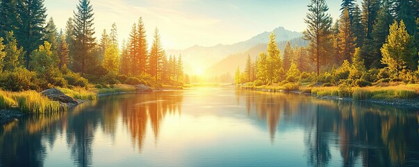 Naklejka premium A tributary flowing into a wide river, mirror reflections of trees on water, golden hour lighting, peaceful ambiance