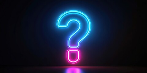 Naklejka premium Neon question mark symbol on black background, neon lights, futuristic, glowing, blue, question mark, mystery, innovation