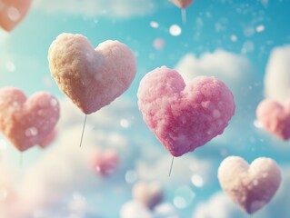 Obraz premium Colorful cotton candy hearts drifting in a dreamy sky filled with clouds and sparkles.