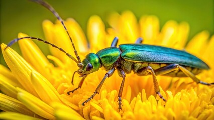 Fototapeta premium Macro photo of a Oedemera nobilis beetle sitting on a vibrant yellow flower, Oedemera nobilis, beetle, insect, macro