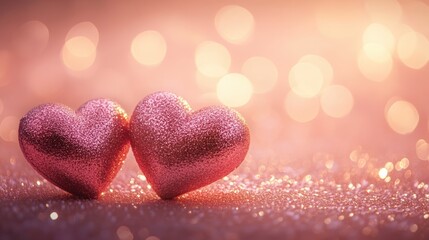 Fototapeta premium Two shimmering pink hearts on a sparkling background, symbolizing love and affection.
