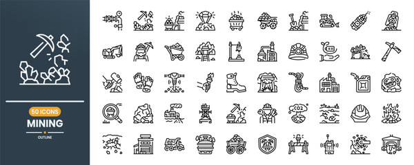 Mining vector line icon set. Contains linear outline icons like Mineral,  Coal, Truck, Bulldozer, Dynamite, Excavator, Miner, Wheelbarrow, Wagon, Jackhammer, Engineering. Editable use and stroke.
