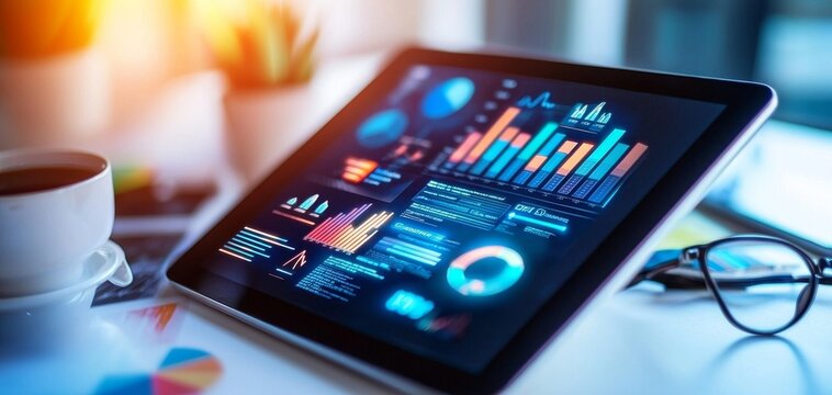 A tablet displaying colorful data visualizations and graphs, accompanied by a coffee cup and glasses, set in a bright workspace. - Powered by Adobe