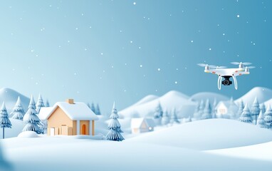 Naklejka premium A serene winter landscape with a drone flying over a snow-covered house, surrounded by snowy hills and pine trees.