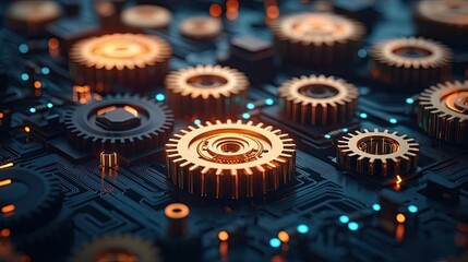 Close-up of intricate gears on a circuit board with glowing lights.
