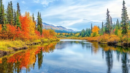 Fototapeta premium Forest river with tributary, perfect reflections of autumn foliage, vibrant and peaceful nature setting