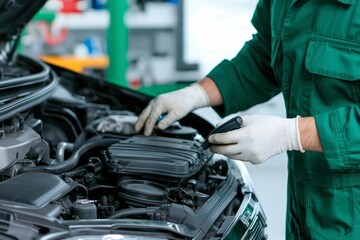 Mechanic in green overalls examines car engine.