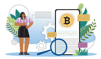 Woman analyze cryptocurrency market. Young girl with magnifying glass near tablet with bitcoin. Financial literacy and passive income. Trader and investor. Flat vector illustration