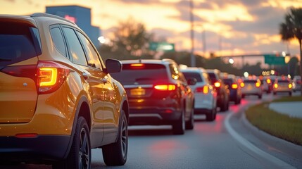 Evening Traffic Jam with Long Line of Vehicles