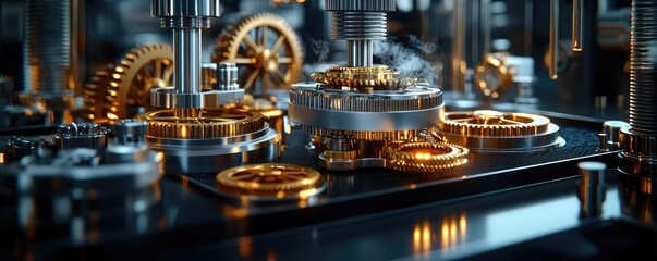 Intricate mechanical gears and clockwork machinery components, detailed and shiny.