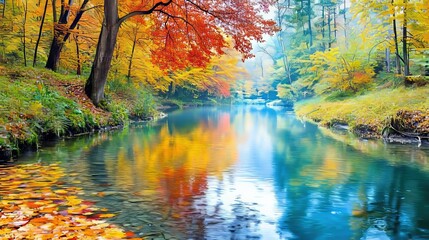 Obraz premium River with a tributary winding through a forest, reflections of colorful autumn leaves, tranquil nature composition