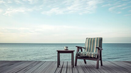 Minimalist Oceanfront Deck with Striped Armchair and Table